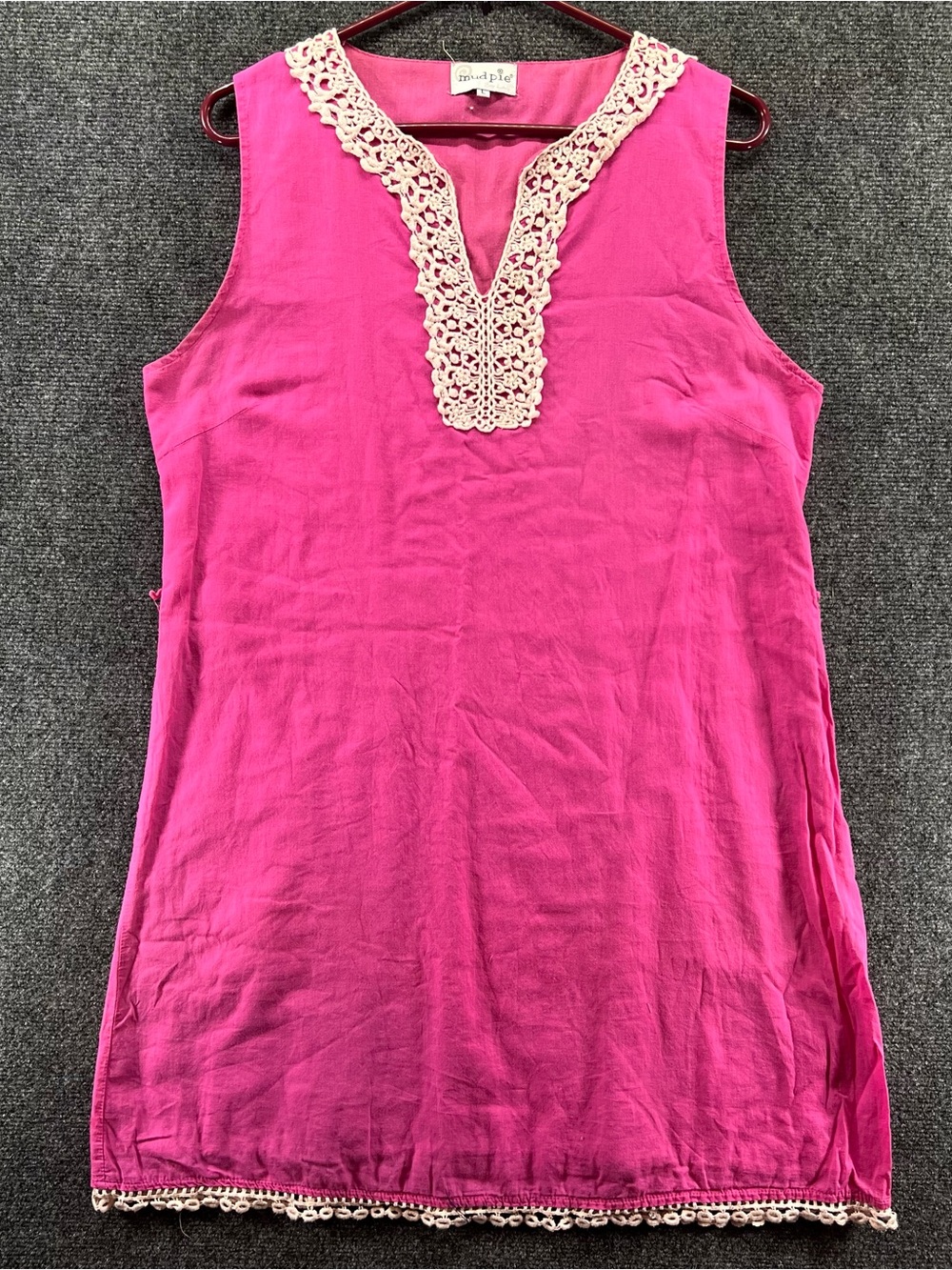 Mud Pie Sleeveless Shift Dress Lg Pink Cream Lace Cotton Coastal Cottage Barbie
